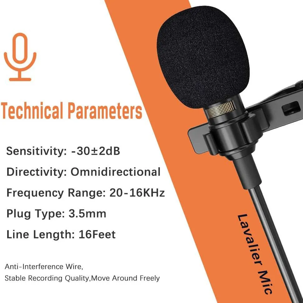 16 Feet Single Head Lavalier Lapel Microphone Omnidirectional Condenser Mic