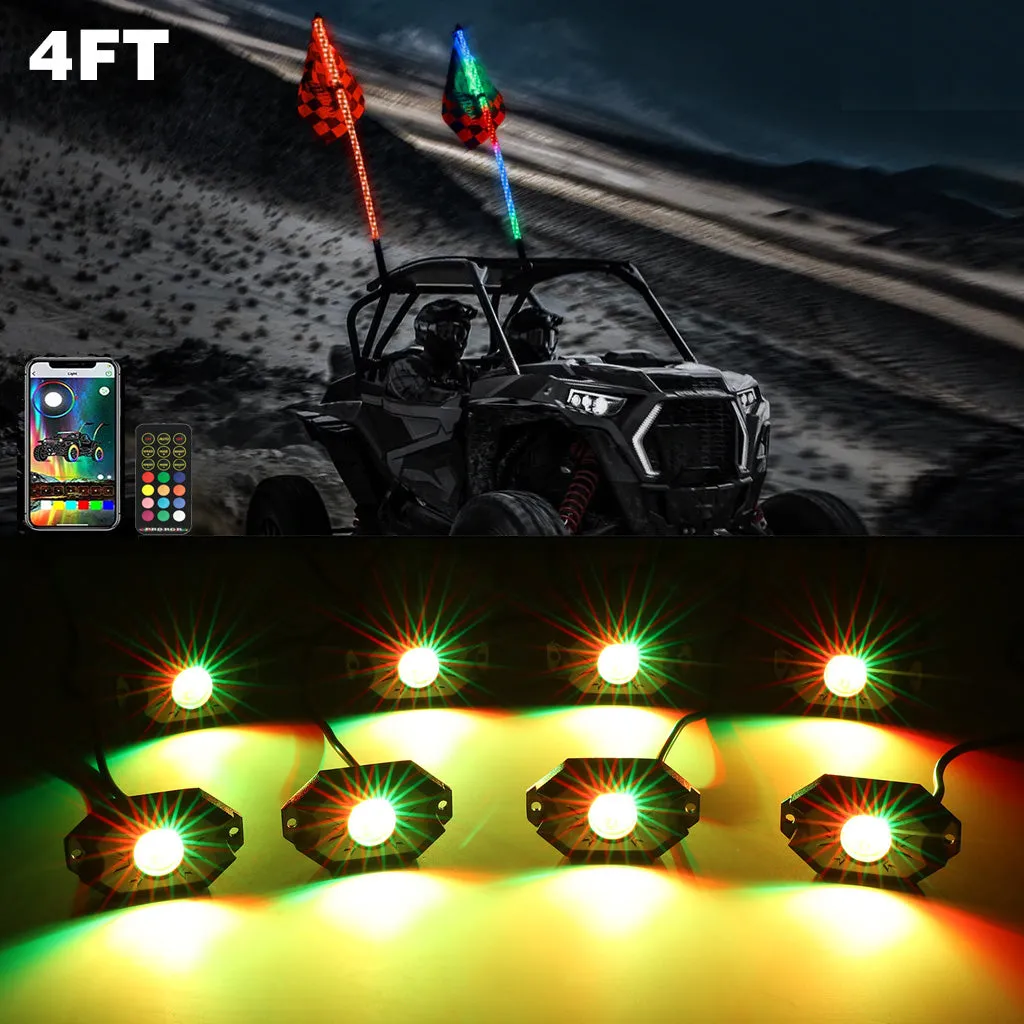 2Pcs 4FT RGB LED Whip Lights with Turn Signal & Brake Light   RGB LED Rock Lights Set with Bluetooth Controlled