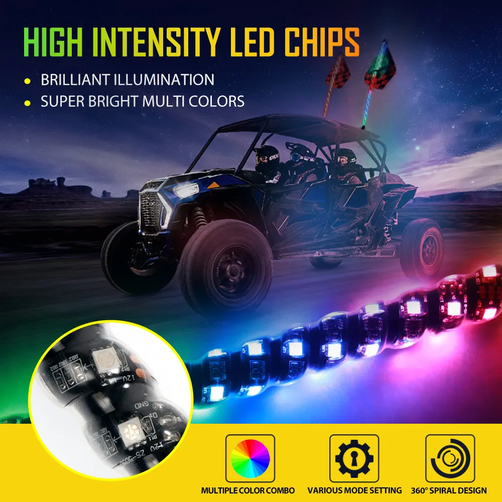 2Pcs 4FT RGB LED Whip Lights with Turn Signal & Brake Light   RGB LED Rock Lights Set with Bluetooth Controlled