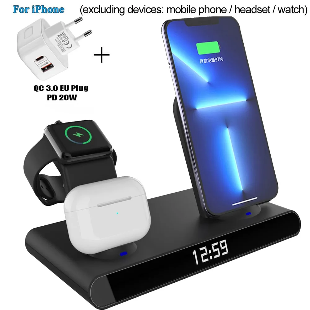 3 in 1 Fast Multifunctional Wireless Charger Stand with LED Digital Clock and Universal Compatibility