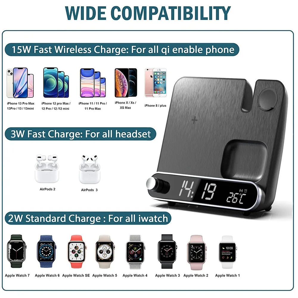 3 in 1 Fast Multifunctional Wireless Charger Stand with LED Digital Clock and Universal Compatibility
