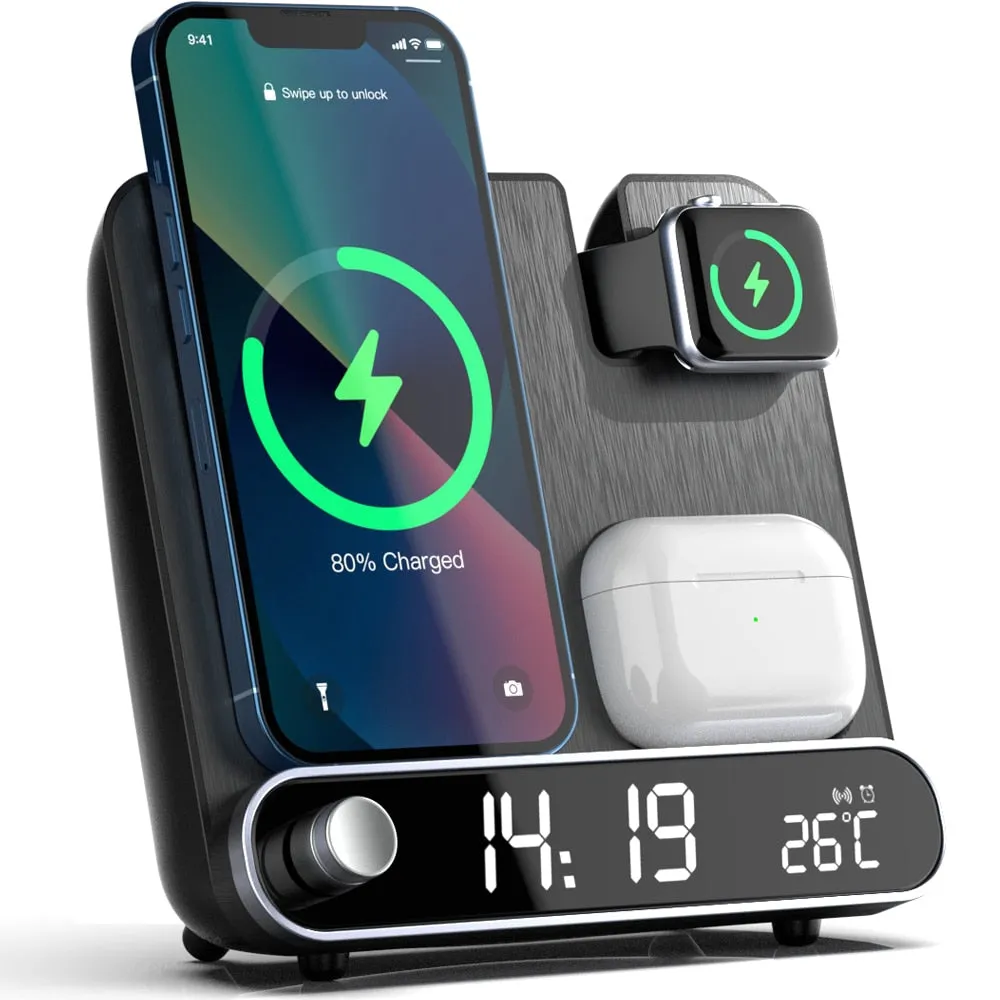 3 in 1 Fast Multifunctional Wireless Charger Stand with LED Digital Clock and Universal Compatibility