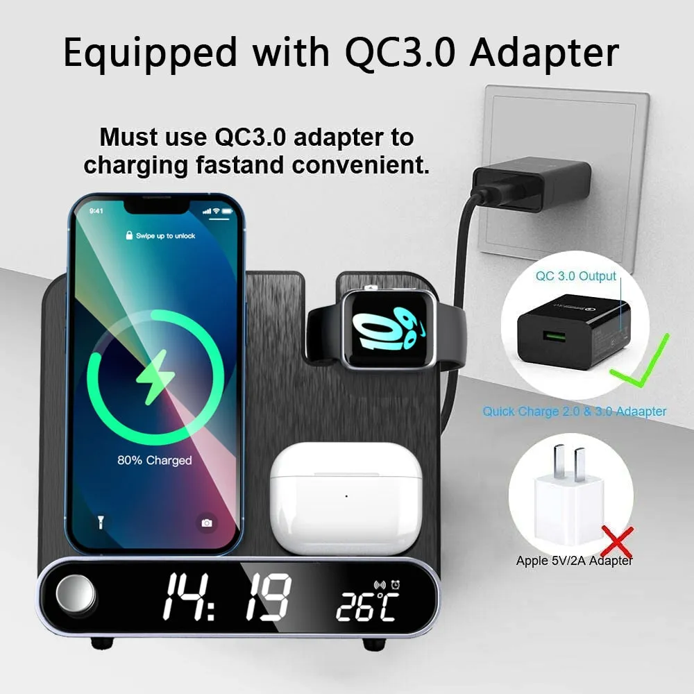 3 in 1 Fast Multifunctional Wireless Charger Stand with LED Digital Clock and Universal Compatibility