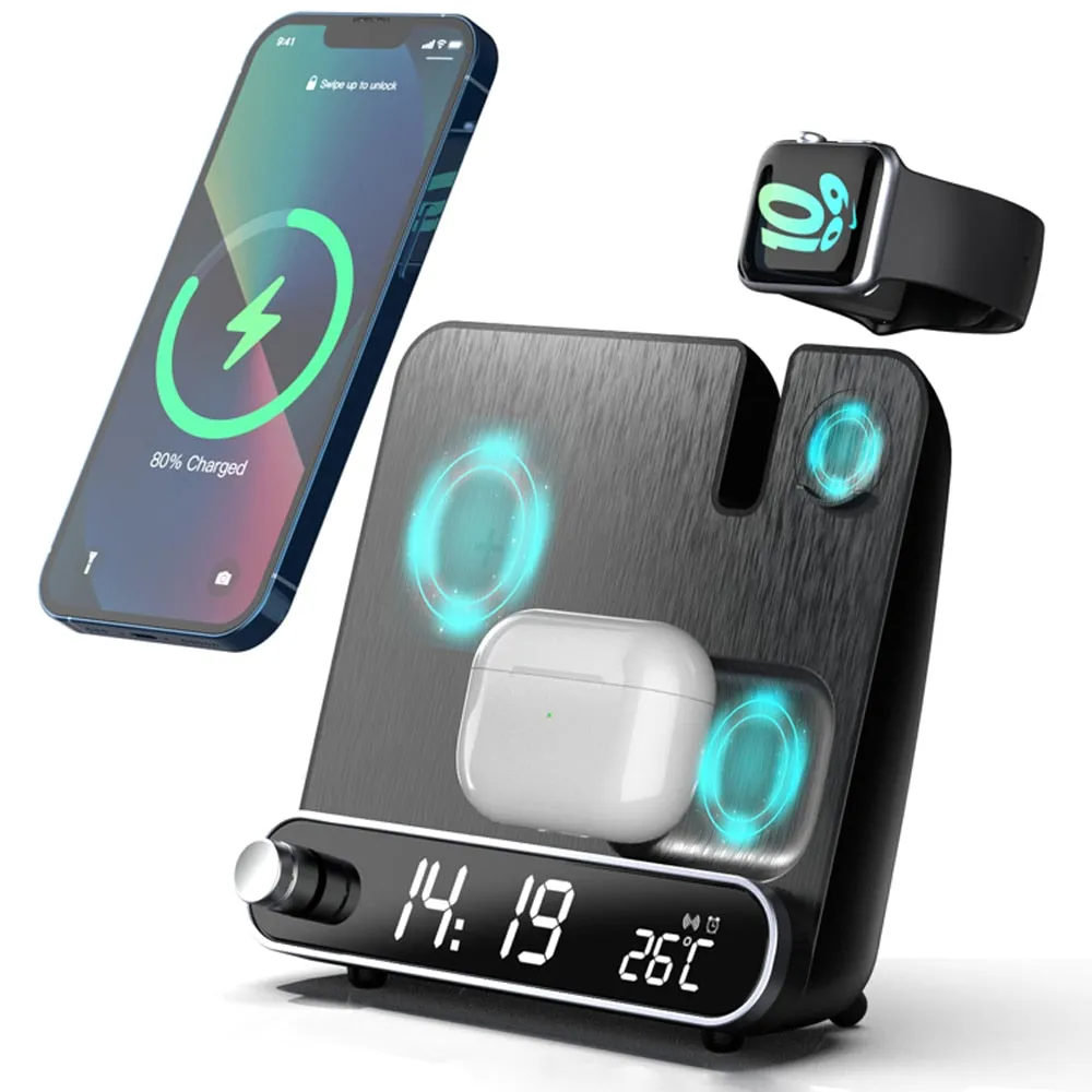 3 in 1 Fast Multifunctional Wireless Charger Stand with LED Digital Clock and Universal Compatibility