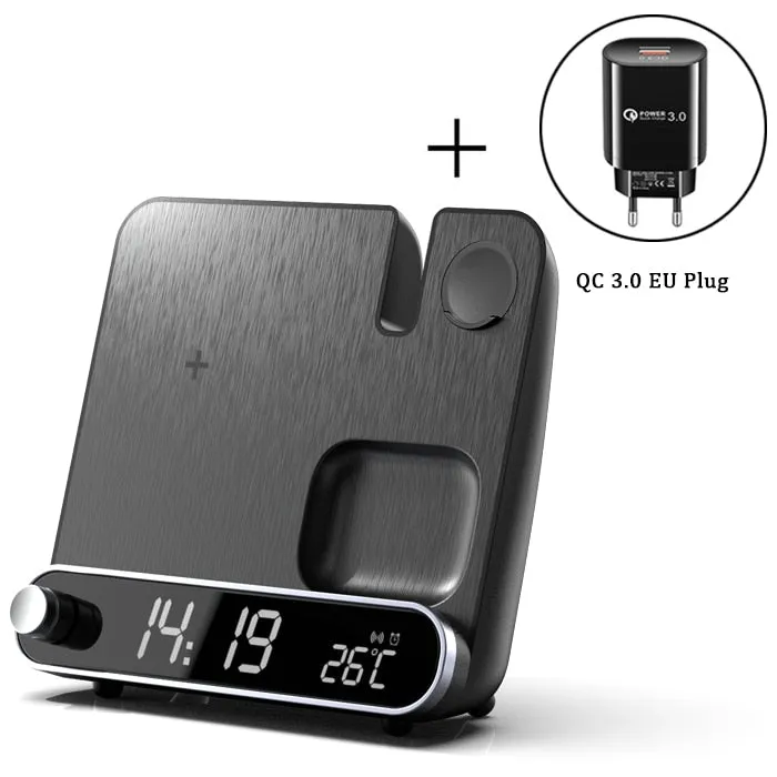 3 in 1 Fast Multifunctional Wireless Charger Stand with LED Digital Clock and Universal Compatibility