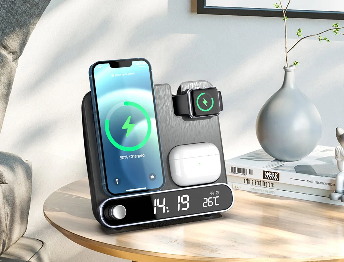 3 in 1 Fast Multifunctional Wireless Charger Stand with LED Digital Clock and Universal Compatibility