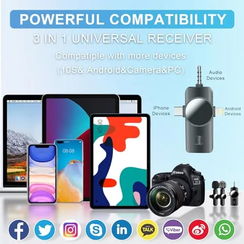 3 in 1 Mini Microphone,Wireless Lavalier Microphones for iPhone Android Camera USB-C,2.4G Ultra-Low Delay,Noise Reduction,Microphone Video Recording, Live Streaming, Youtube, TikTok, Vlog(2 Pc)