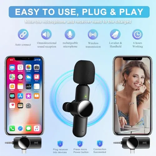 3 in 1 Mini Microphone,Wireless Lavalier Microphones for iPhone Android Camera USB-C,2.4G Ultra-Low Delay,Noise Reduction,Microphone Video Recording, Live Streaming, Youtube, TikTok, Vlog(2 Pc)