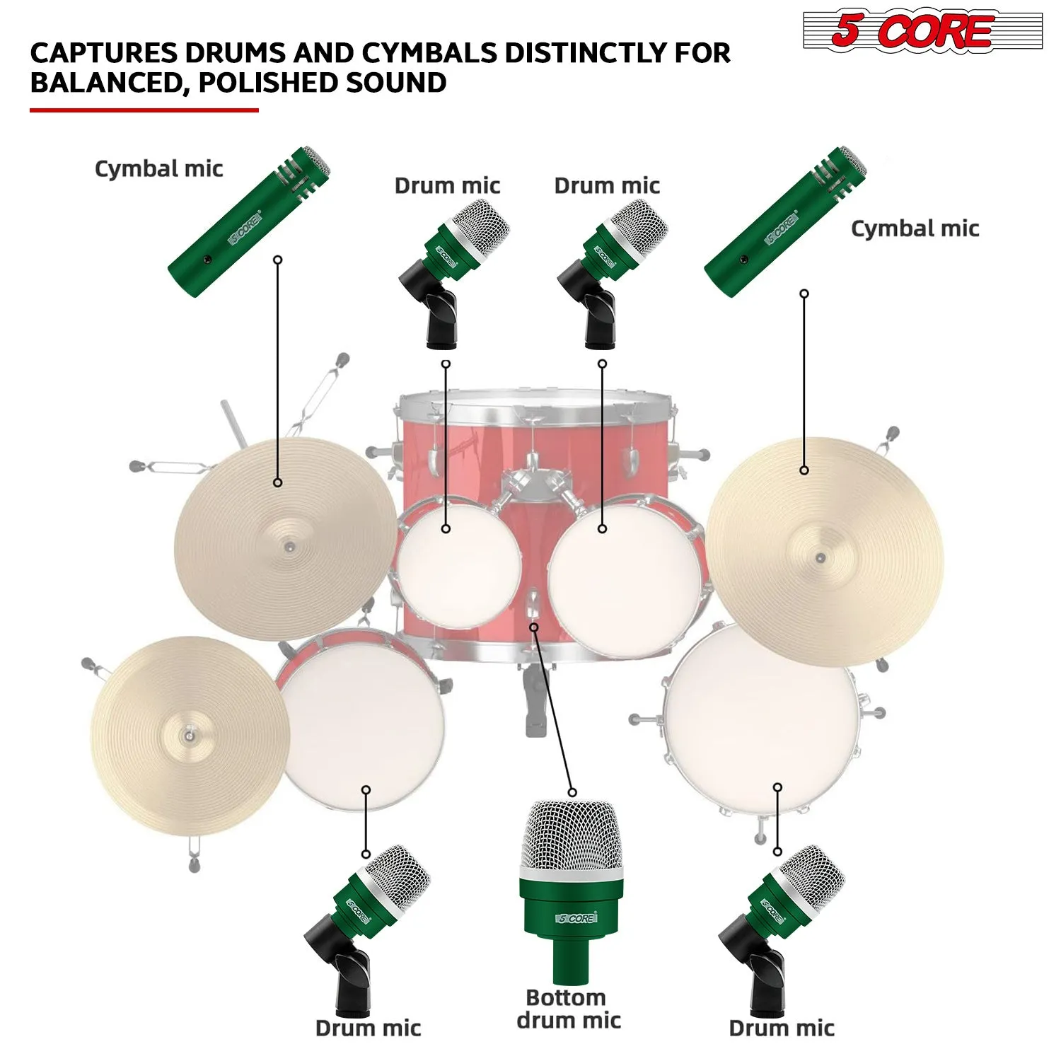 5 Core Drum Microphone Kit 7 Piece Full Metal Dynamic Wired Drums Mic Set for Drummers w Bass Tom Snare   Carrying Case Sponge & Mic Clamp for Vocal & Other Instrument Silver DM 7ACC