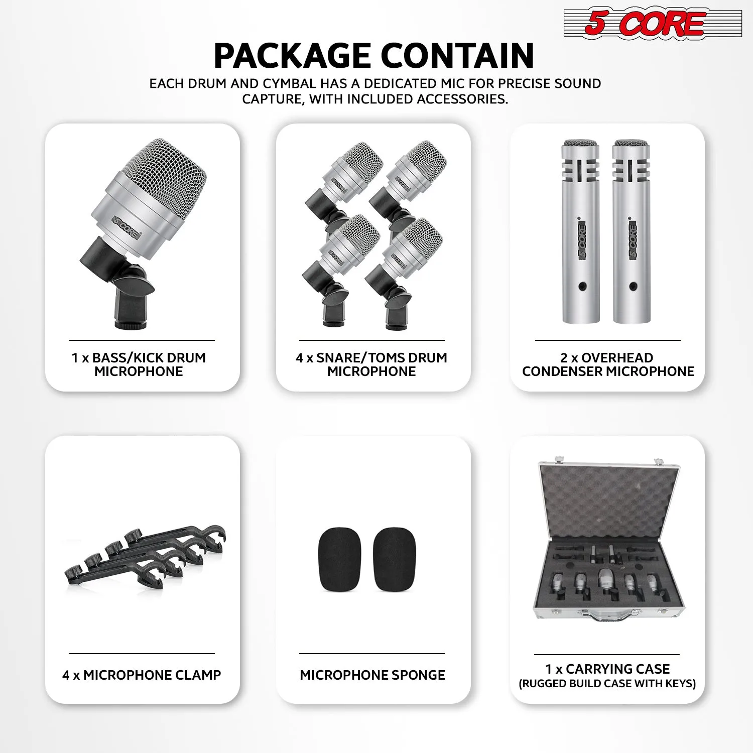 5 Core Drum Microphone Kit 7 Piece Full Metal Dynamic Wired Drums Mic Set for Drummers w Bass Tom Snare   Carrying Case Sponge & Mic Clamp for Vocal & Other Instrument Silver DM 7ACC