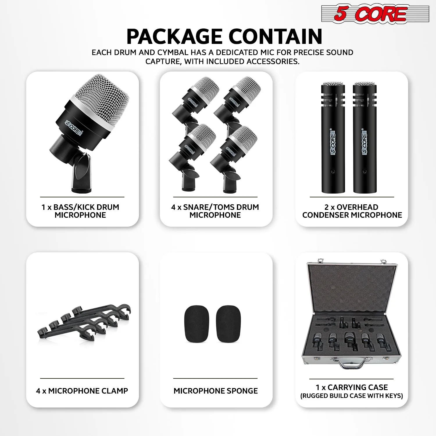 5 Core Drum Microphone Kit 7 Piece Full Metal Dynamic Wired Drums Mic Set for Drummers w Bass Tom Snare   Carrying Case Sponge & Mic Clamp for Vocal & Other Instrument Silver DM 7ACC