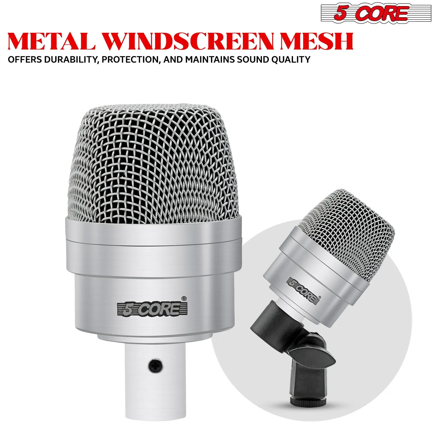 5 Core Drum Microphone Kit 7 Piece Full Metal Dynamic Wired Drums Mic Set for Drummers w Bass Tom Snare   Carrying Case Sponge & Mic Clamp for Vocal & Other Instrument Silver DM 7ACC