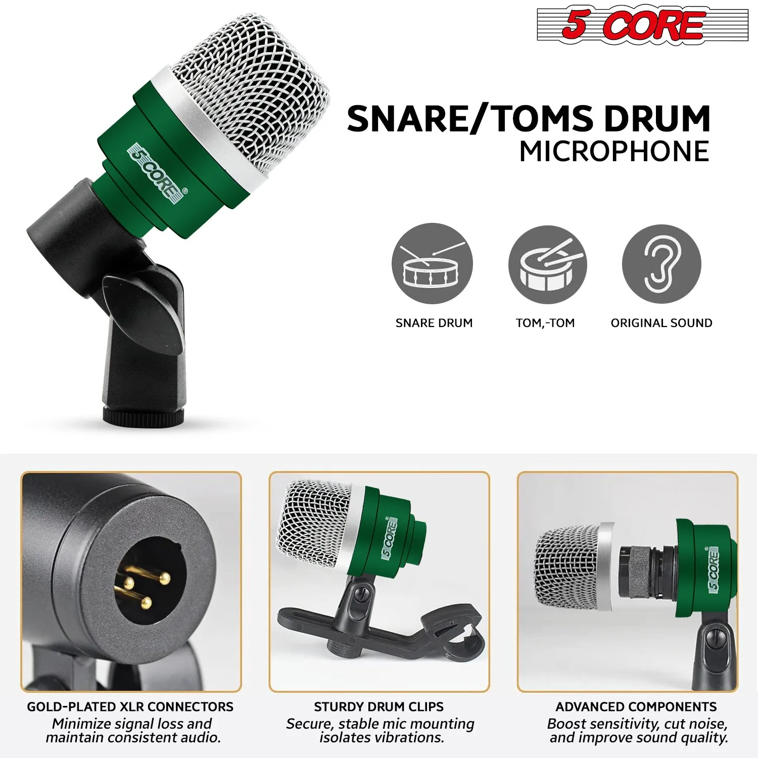 5 Core Drum Microphone Kit 7 Piece Full Metal Dynamic Wired Drums Mic Set for Drummers w Bass Tom Snare   Carrying Case Sponge & Mic Clamp for Vocal & Other Instrument Silver DM 7ACC