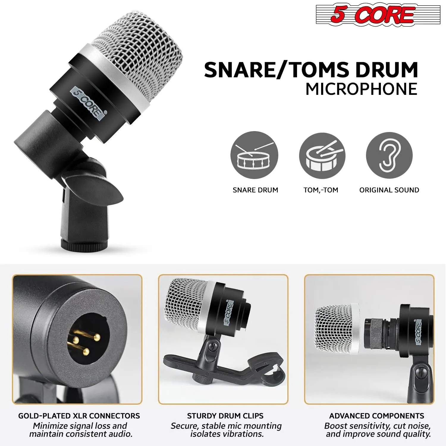5 Core Drum Microphone Kit 7 Piece Full Metal Dynamic Wired Drums Mic Set for Drummers w Bass Tom Snare   Carrying Case Sponge & Mic Clamp for Vocal & Other Instrument Silver DM 7ACC