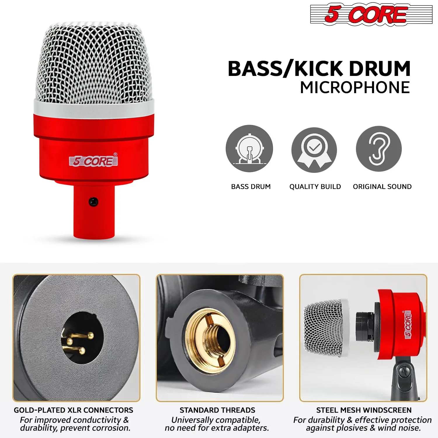 5 Core Drum Microphone Kit 7 Piece Full Metal Dynamic Wired Drums Mic Set for Drummers w Bass Tom Snare   Carrying Case Sponge & Mic Clamp for Vocal & Other Instrument Silver DM 7ACC