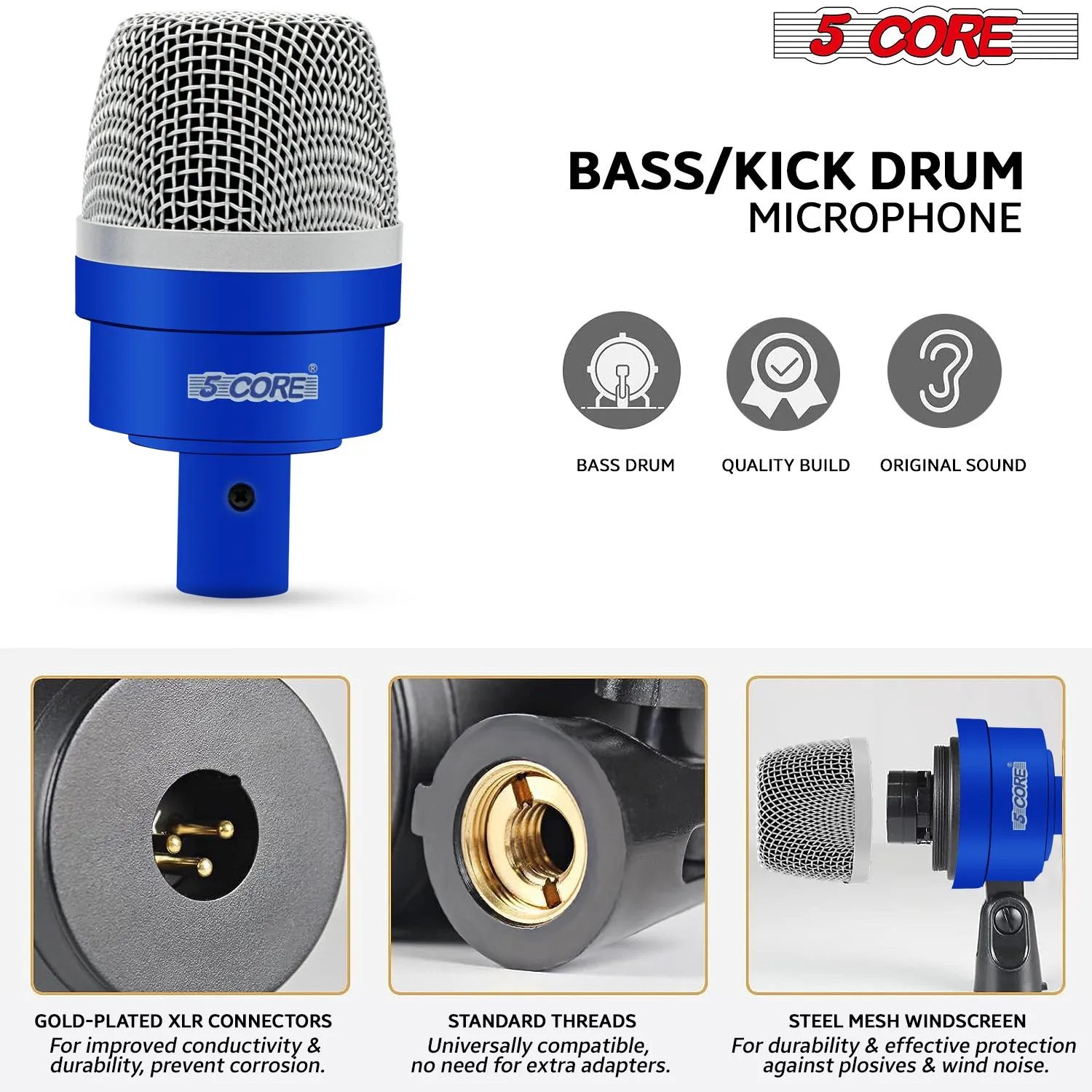 5 Core Drum Microphone Kit 7 Piece Full Metal Dynamic Wired Drums Mic Set for Drummers w Bass Tom Snare   Carrying Case Sponge & Mic Clamp for Vocal & Other Instrument Silver DM 7ACC