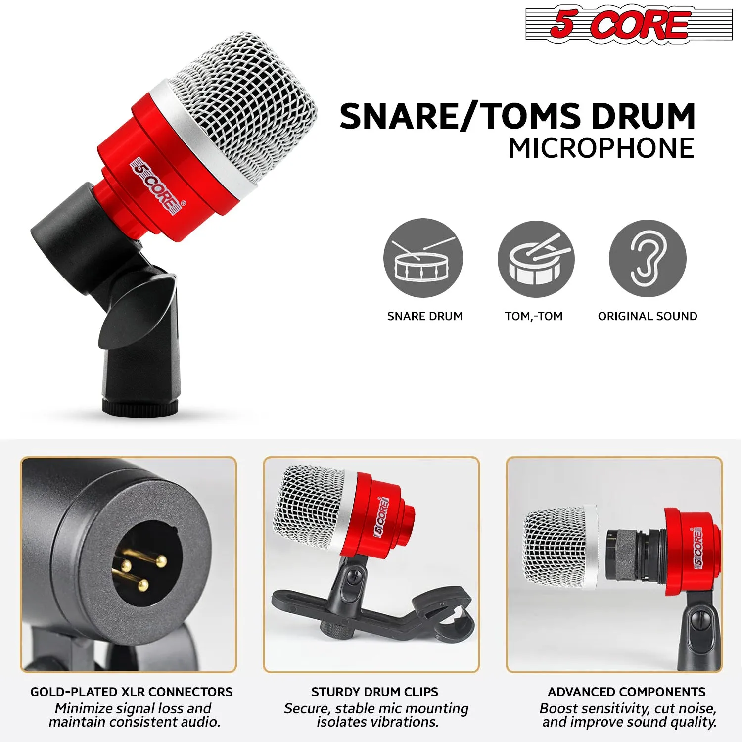 5 Core Drum Microphone Kit 7 Piece Full Metal Dynamic Wired Drums Mic Set for Drummers w Bass Tom Snare   Carrying Case Sponge & Mic Clamp for Vocal & Other Instrument Silver DM 7ACC