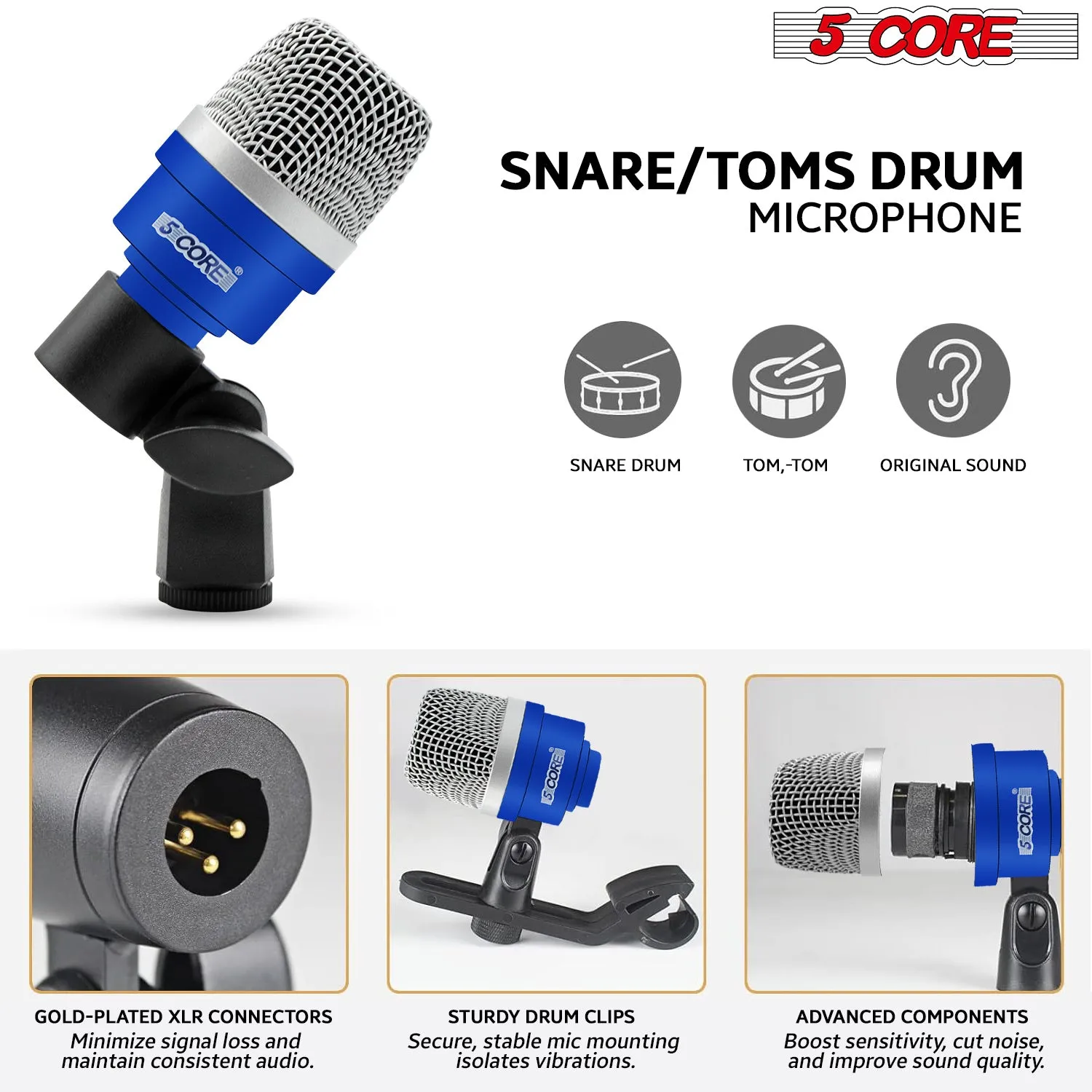 5 Core Drum Microphone Kit 7 Piece Full Metal Dynamic Wired Drums Mic Set for Drummers w Bass Tom Snare   Carrying Case Sponge & Mic Clamp for Vocal & Other Instrument Silver DM 7ACC