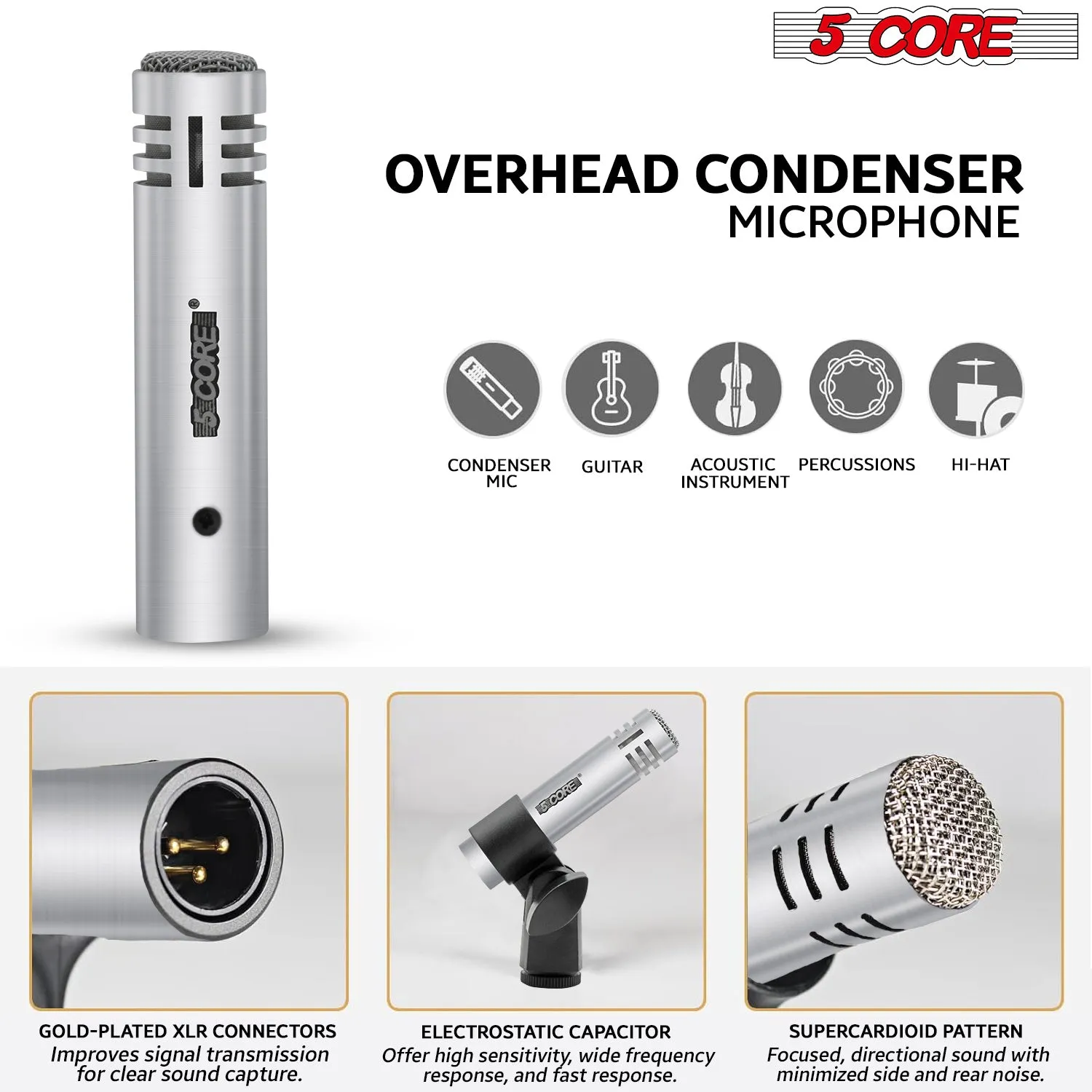 5 Core Drum Microphone Kit 7 Piece Full Metal Dynamic Wired Drums Mic Set for Drummers w Bass Tom Snare   Carrying Case Sponge & Mic Clamp for Vocal & Other Instrument Silver DM 7ACC