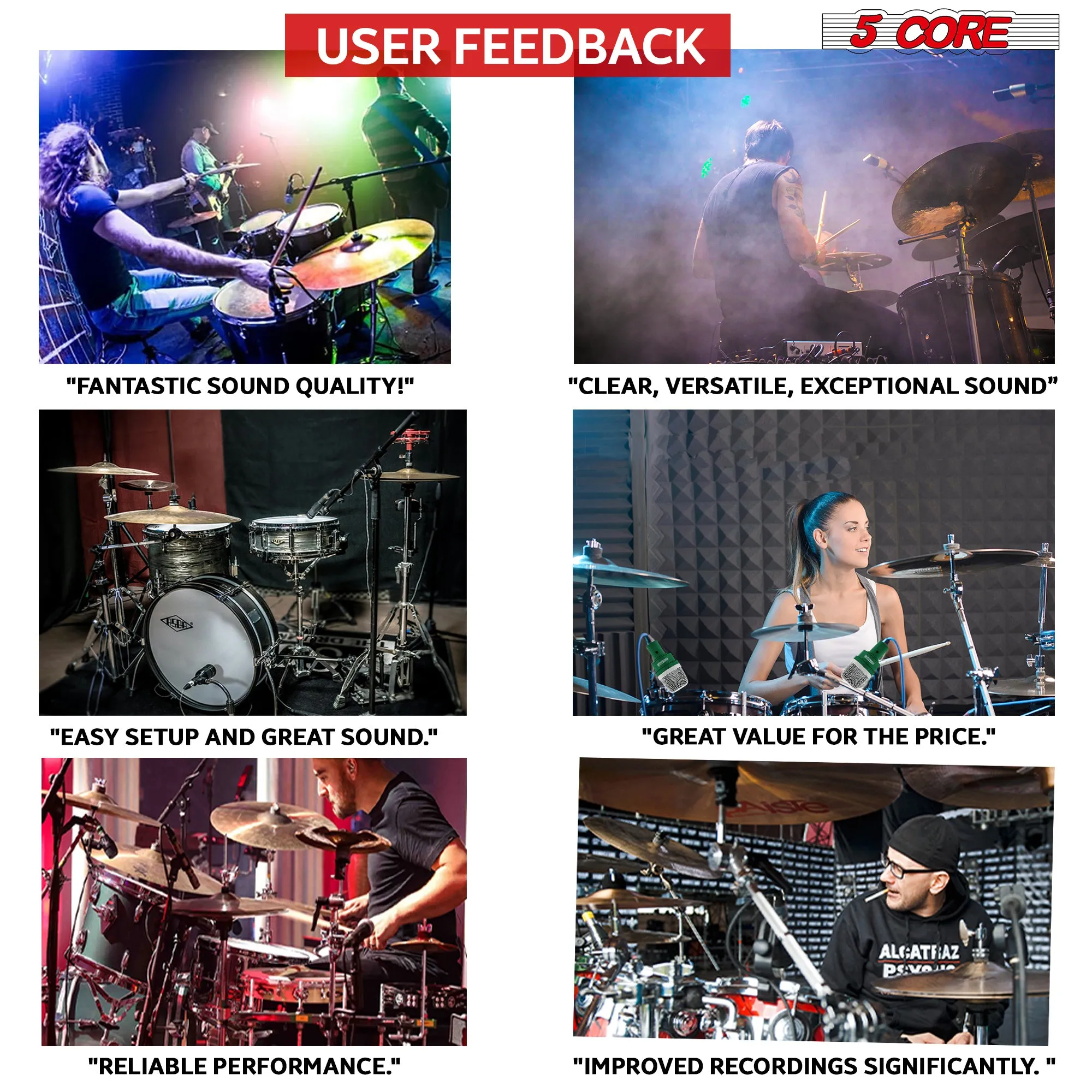 5 Core Drum Microphone Kit 7 Piece Full Metal Dynamic Wired Drums Mic Set for Drummers w Bass Tom Snare   Carrying Case Sponge & Mic Clamp for Vocal & Other Instrument Silver DM 7ACC