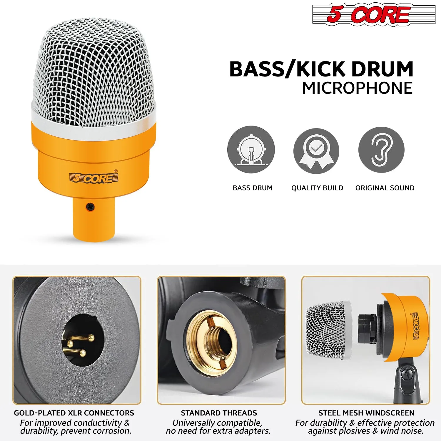 5 Core Drum Microphone Kit 7 Piece Full Metal Dynamic Wired Drums Mic Set for Drummers w Bass Tom Snare   Carrying Case Sponge & Mic Clamp for Vocal & Other Instrument Silver DM 7ACC