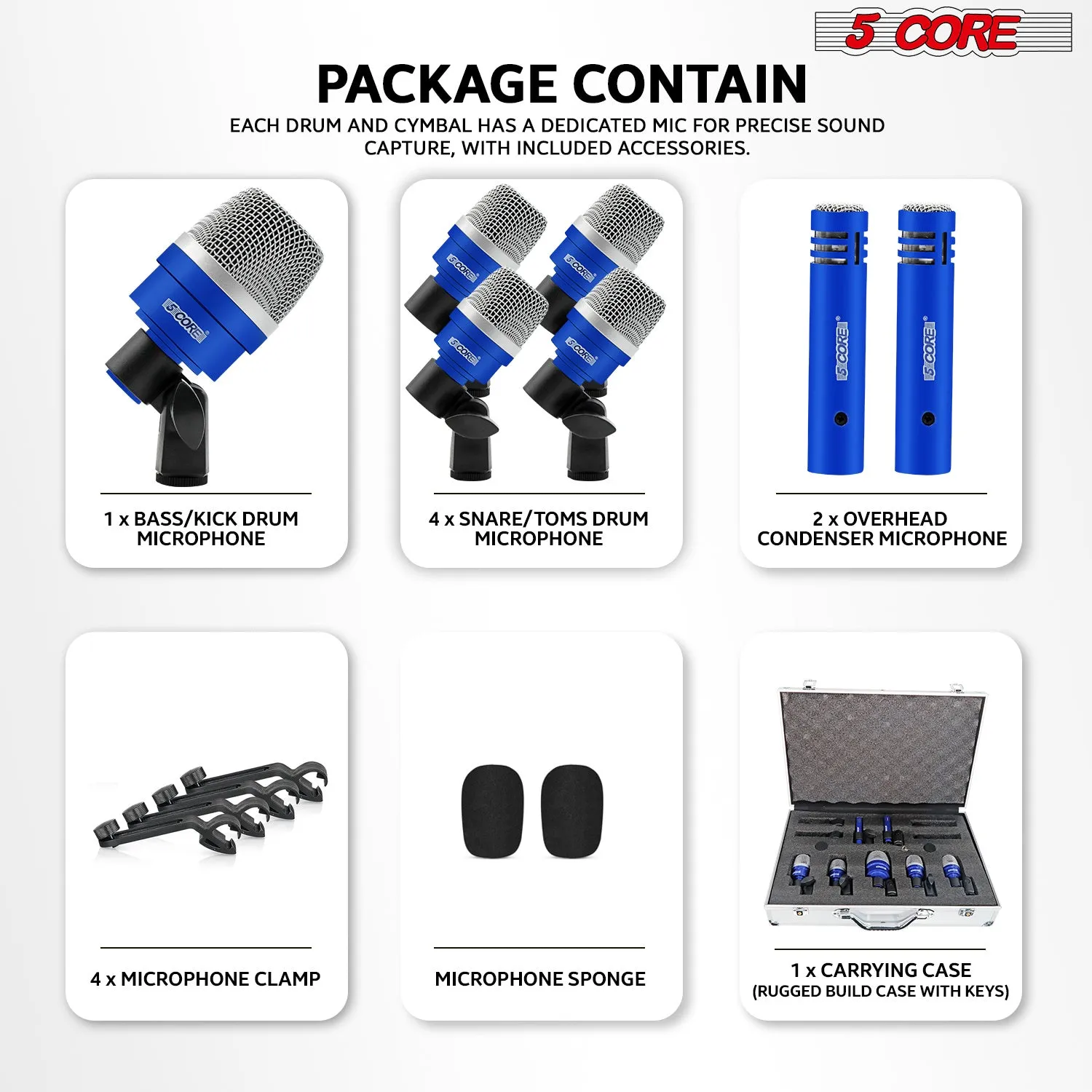 5 Core Drum Microphone Kit 7 Piece Full Metal Dynamic Wired Drums Mic Set for Drummers w Bass Tom Snare   Carrying Case Sponge & Mic Clamp for Vocal & Other Instrument Silver DM 7ACC