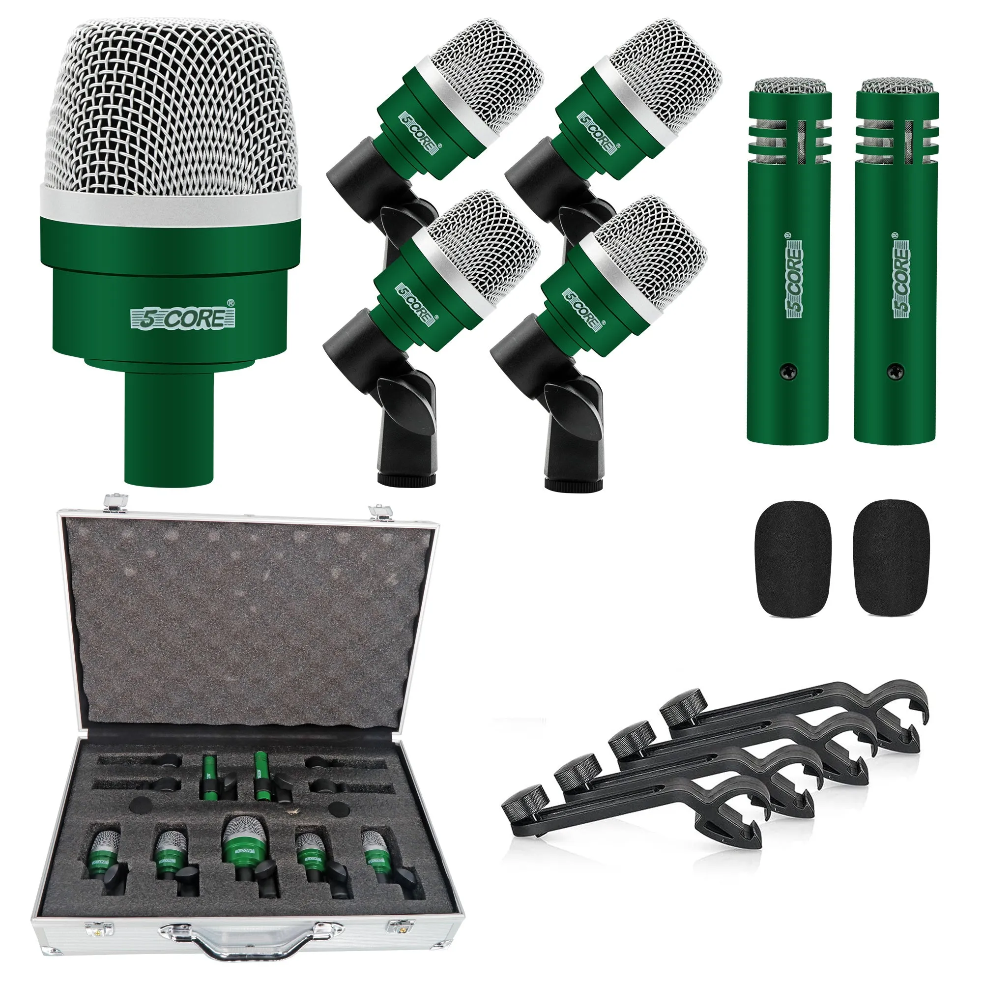 5 Core Drum Microphone Kit 7 Piece Full Metal Dynamic Wired Drums Mic Set for Drummers w Bass Tom Snare   Carrying Case Sponge & Mic Clamp for Vocal & Other Instrument Silver DM 7ACC