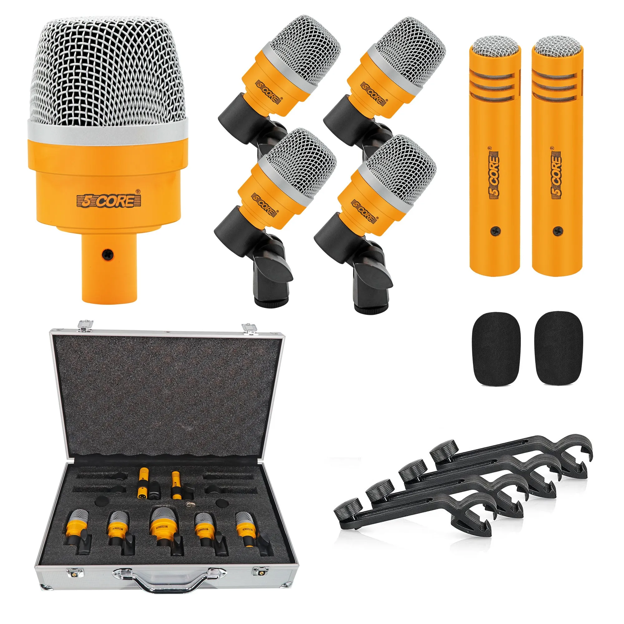 5 Core Drum Microphone Kit 7 Piece Full Metal Dynamic Wired Drums Mic Set for Drummers w Bass Tom Snare   Carrying Case Sponge & Mic Clamp for Vocal & Other Instrument Silver DM 7ACC