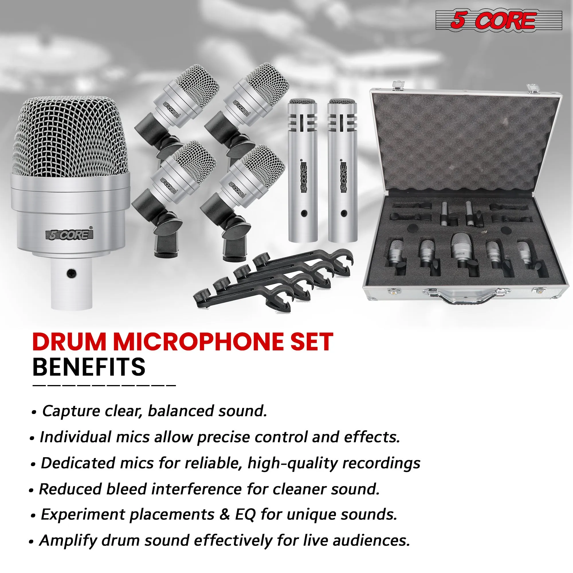 5 Core Drum Microphone Kit 7 Piece Full Metal Dynamic Wired Drums Mic Set for Drummers w Bass Tom Snare   Carrying Case Sponge & Mic Clamp for Vocal & Other Instrument Silver DM 7ACC