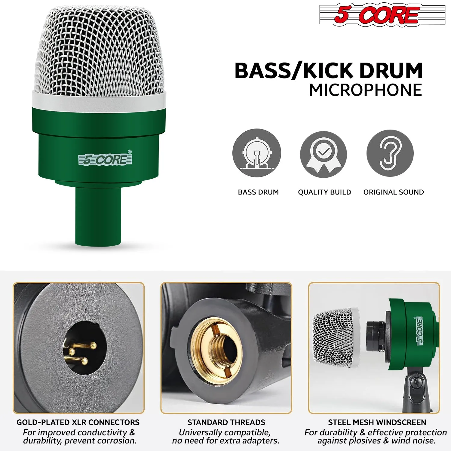 5 Core Drum Microphone Kit 7 Piece Full Metal Dynamic Wired Drums Mic Set for Drummers w Bass Tom Snare   Carrying Case Sponge & Mic Clamp for Vocal & Other Instrument Silver DM 7ACC