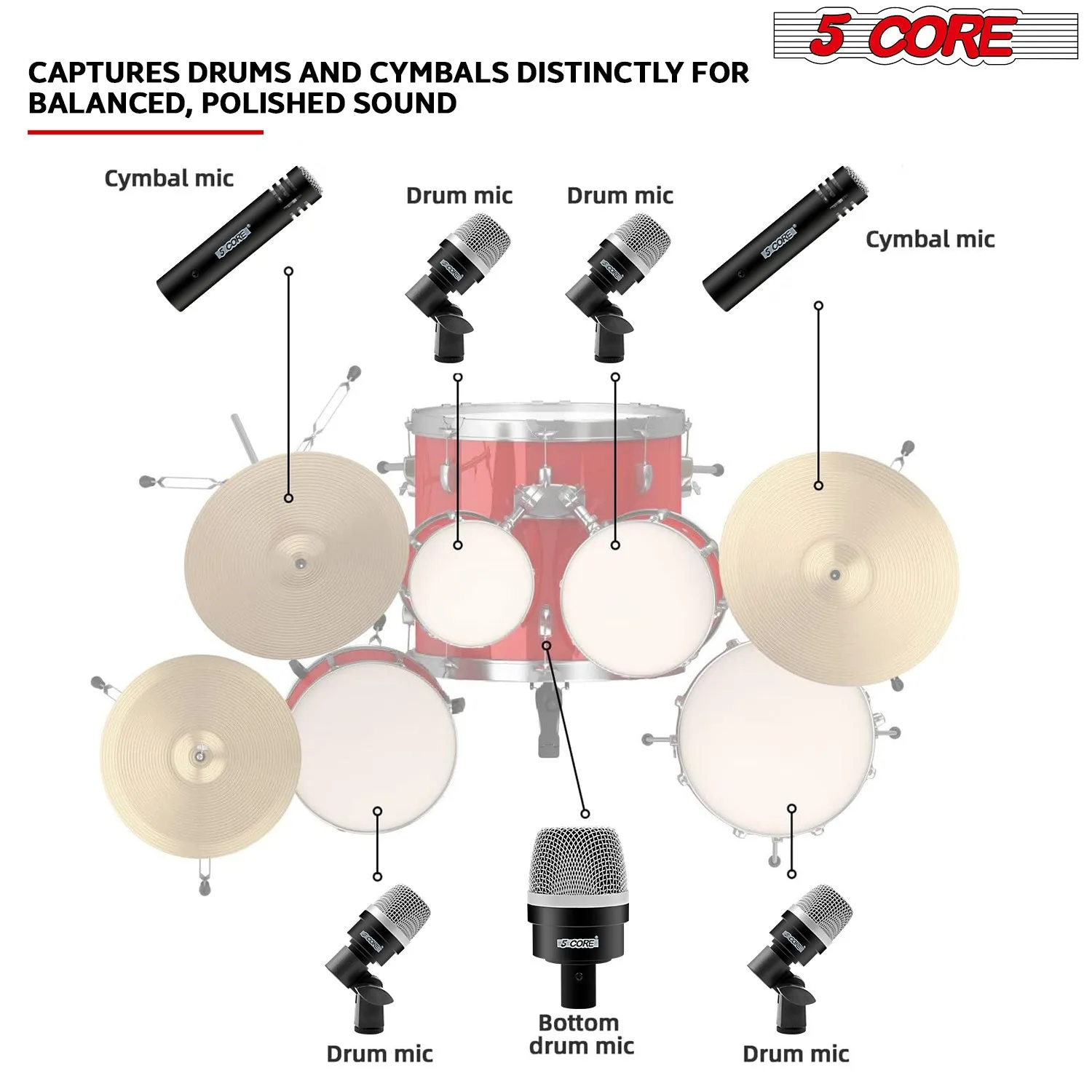 5 Core Drum Microphone Kit 7 Piece Full Metal Dynamic Wired Drums Mic Set for Drummers w Bass Tom Snare   Carrying Case Sponge & Mic Clamp for Vocal & Other Instrument Silver DM 7ACC