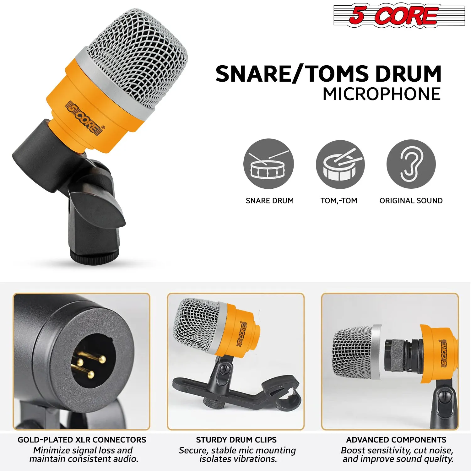 5 Core Drum Microphone Kit 7 Piece Full Metal Dynamic Wired Drums Mic Set for Drummers w Bass Tom Snare   Carrying Case Sponge & Mic Clamp for Vocal & Other Instrument Silver DM 7ACC