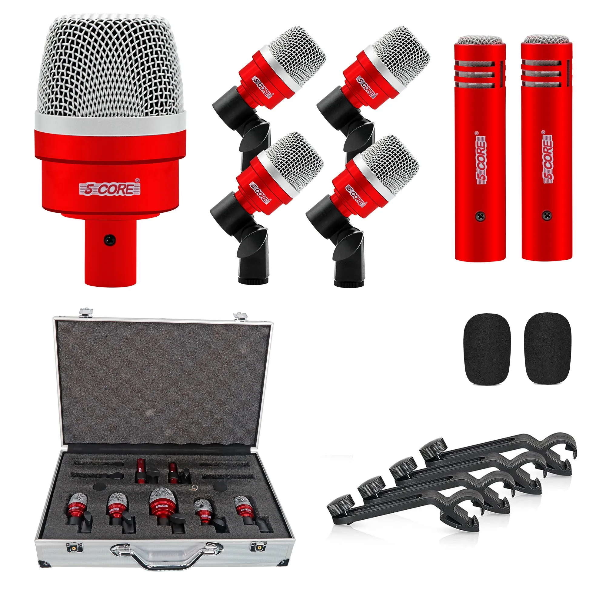 5 Core Drum Microphone Kit 7 Piece Full Metal Dynamic Wired Drums Mic Set for Drummers w Bass Tom Snare   Carrying Case Sponge & Mic Clamp for Vocal & Other Instrument Silver DM 7ACC
