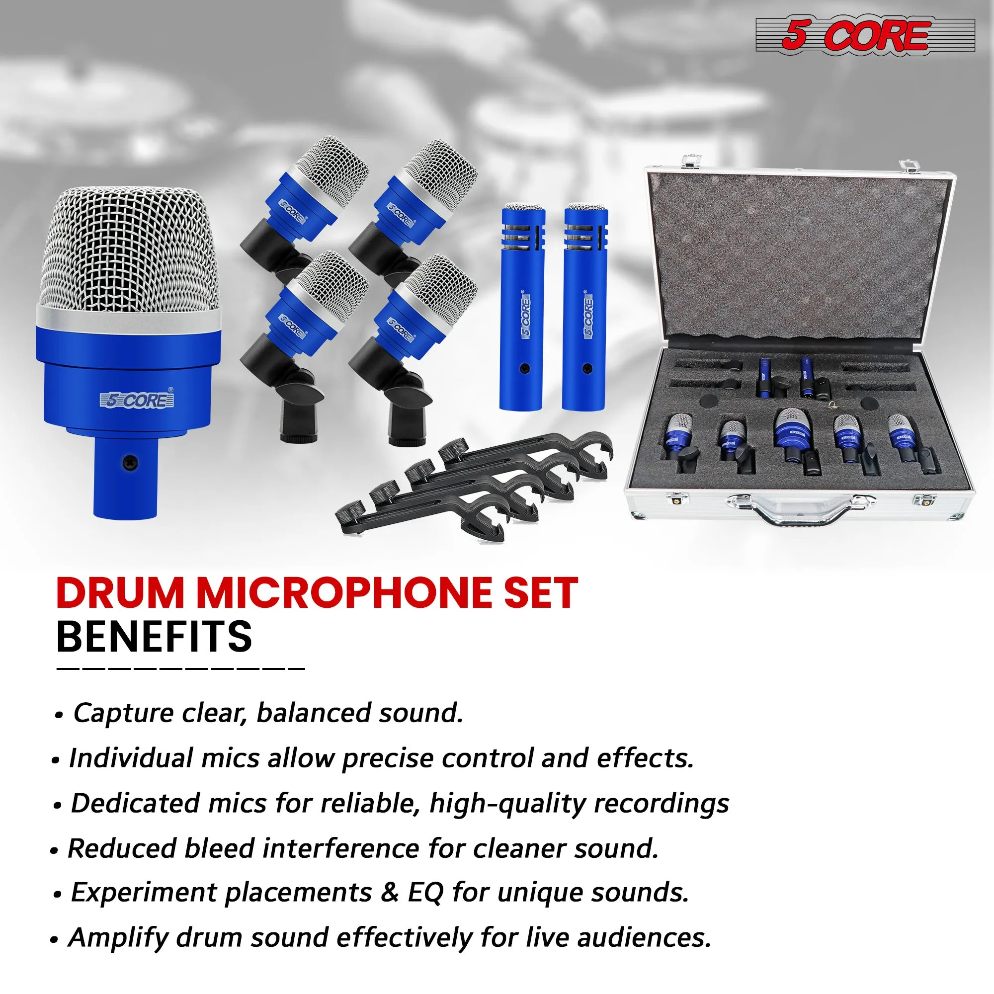 5 Core Drum Microphone Kit 7 Piece Full Metal Dynamic Wired Drums Mic Set for Drummers w Bass Tom Snare   Carrying Case Sponge & Mic Clamp for Vocal & Other Instrument Silver DM 7ACC