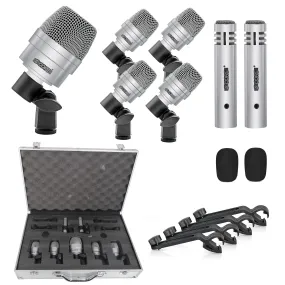 5 Core Drum Microphone Kit 7 Piece Full Metal Dynamic Wired Drums Mic Set for Drummers w Bass Tom Snare   Carrying Case Sponge & Mic Clamp for Vocal & Other Instrument Silver DM 7ACC