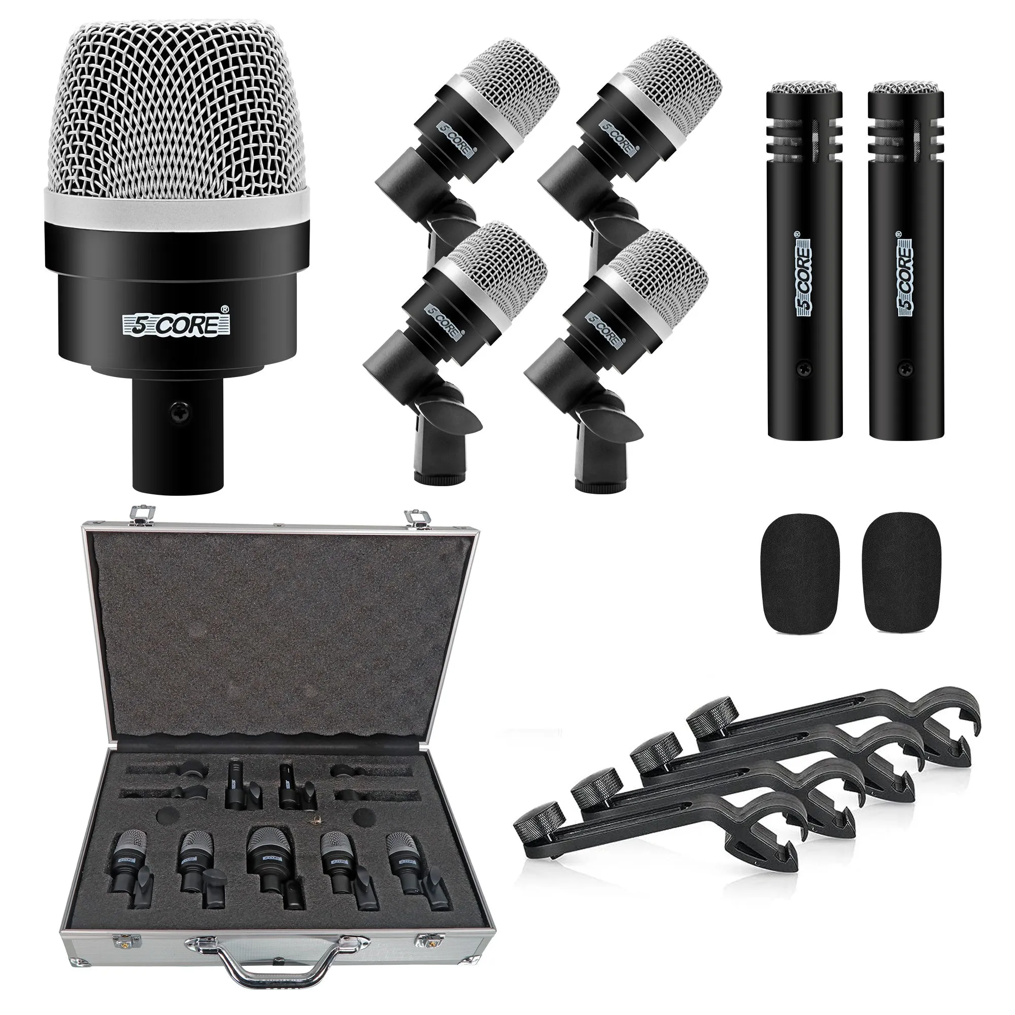 5 Core Drum Microphone Kit 7 Piece Full Metal Dynamic Wired Drums Mic Set for Drummers w Bass Tom Snare   Carrying Case Sponge & Mic Clamp for Vocal & Other Instrument Silver DM 7ACC
