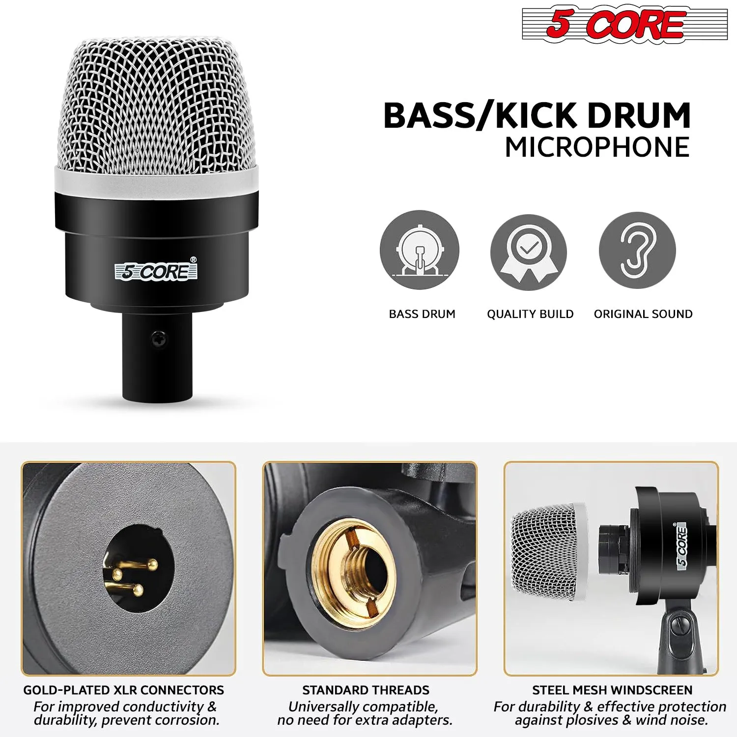 5 Core Drum Microphone Kit 7 Piece Full Metal Dynamic Wired Drums Mic Set for Drummers w Bass Tom Snare   Carrying Case Sponge & Mic Clamp for Vocal & Other Instrument Silver DM 7ACC