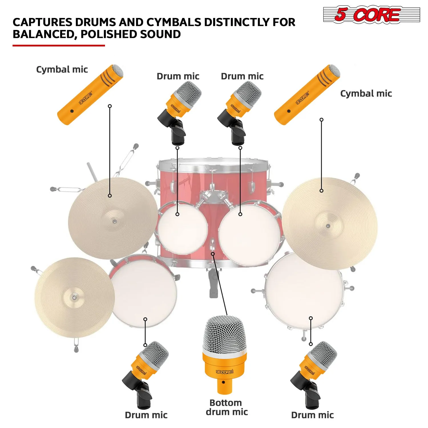 5 Core Drum Microphone Kit 7 Piece Full Metal Dynamic Wired Drums Mic Set for Drummers w Bass Tom Snare   Carrying Case Sponge & Mic Clamp for Vocal & Other Instrument Silver DM 7ACC