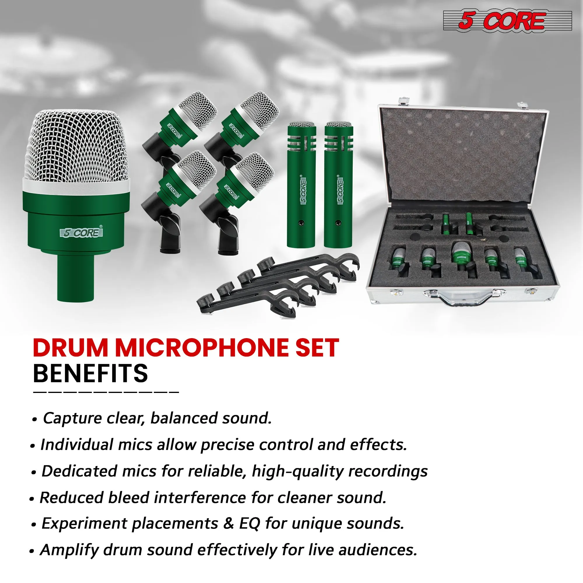 5 Core Drum Microphone Kit 7 Piece Full Metal Dynamic Wired Drums Mic Set for Drummers w Bass Tom Snare   Carrying Case Sponge & Mic Clamp for Vocal & Other Instrument Silver DM 7ACC
