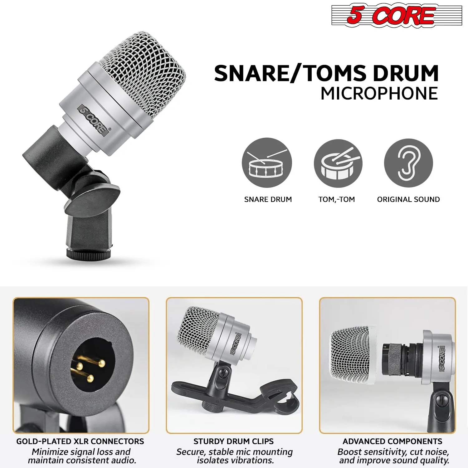 5 Core Drum Microphone Kit 7 Piece Full Metal Dynamic Wired Drums Mic Set for Drummers w Bass Tom Snare   Carrying Case Sponge & Mic Clamp for Vocal & Other Instrument Silver DM 7ACC