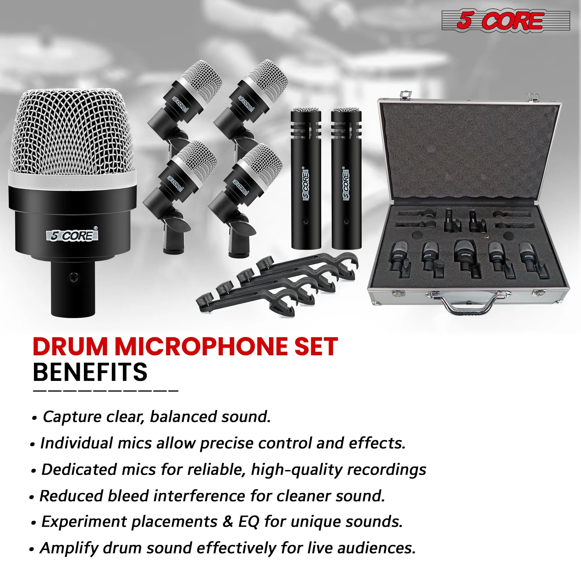 5 Core Drum Microphone Kit 7 Piece Full Metal Dynamic Wired Drums Mic Set for Drummers w Bass Tom Snare   Carrying Case Sponge & Mic Clamp for Vocal & Other Instrument Silver DM 7ACC