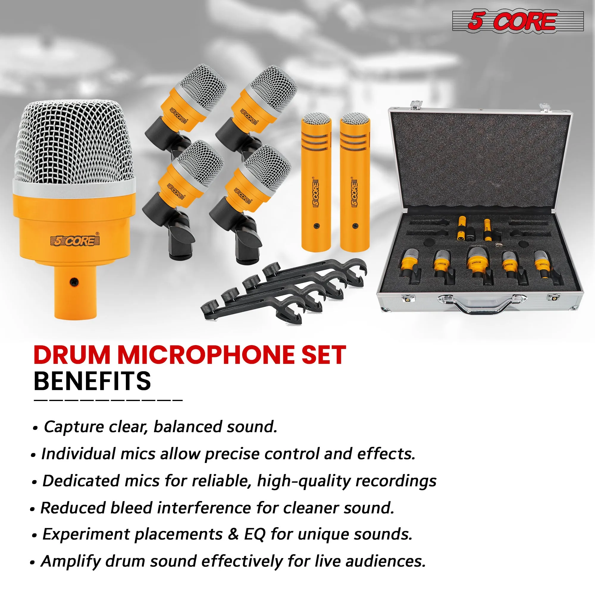 5 Core Drum Microphone Kit 7 Piece Full Metal Dynamic Wired Drums Mic Set for Drummers w Bass Tom Snare   Carrying Case Sponge & Mic Clamp for Vocal & Other Instrument Silver DM 7ACC
