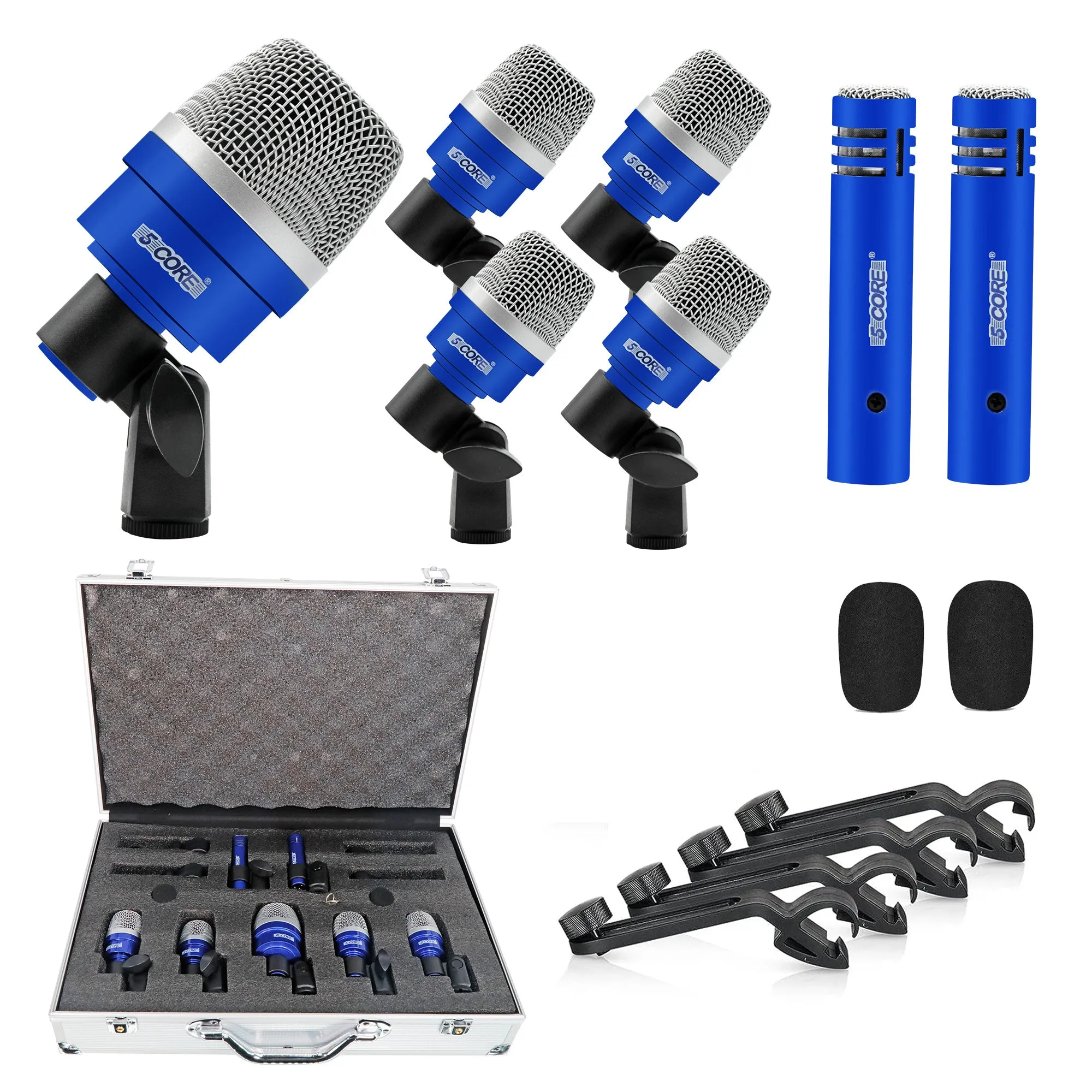 5 Core Drum Microphone Kit 7 Piece Full Metal Dynamic Wired Drums Mic Set for Drummers w Bass Tom Snare   Carrying Case Sponge & Mic Clamp for Vocal & Other Instrument Silver DM 7ACC