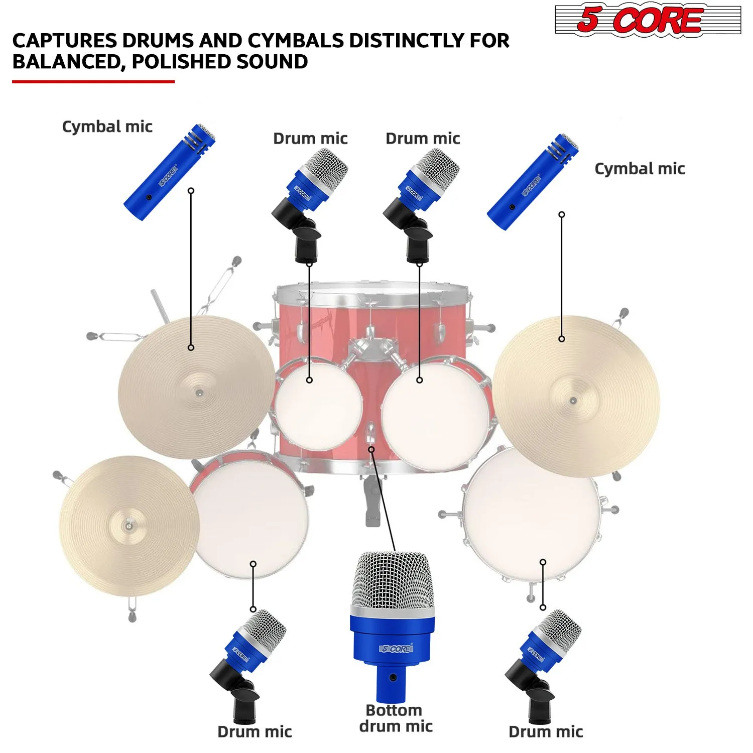 5 Core Drum Microphone Kit 7 Piece Full Metal Dynamic Wired Drums Mic Set for Drummers w Bass Tom Snare   Carrying Case Sponge & Mic Clamp for Vocal & Other Instrument Silver DM 7ACC