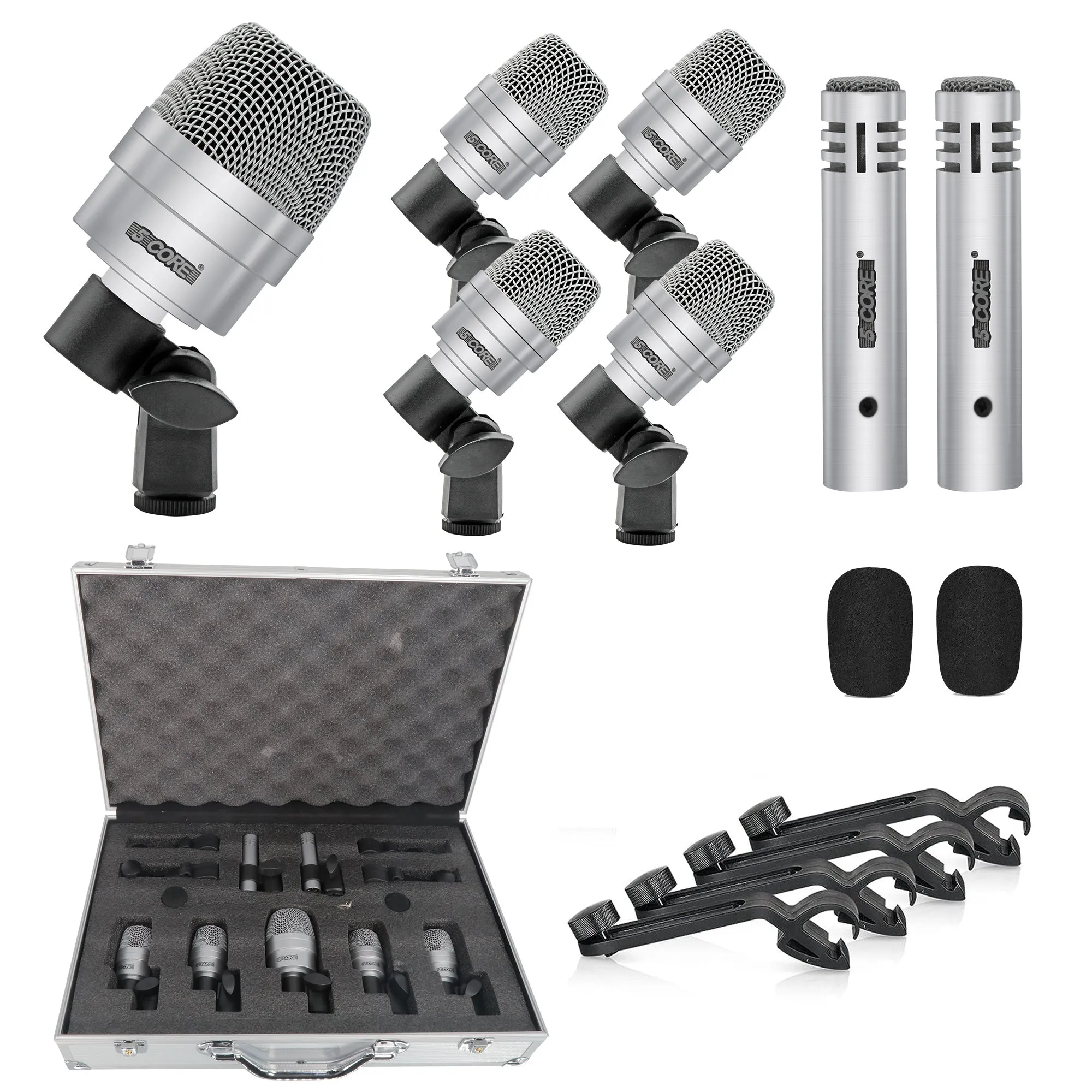 5 Core Drum Microphone Kit 7 Piece Full Metal Dynamic Wired Drums Mic Set for Drummers w Bass Tom Snare   Carrying Case Sponge & Mic Clamp for Vocal & Other Instrument Silver DM 7ACC
