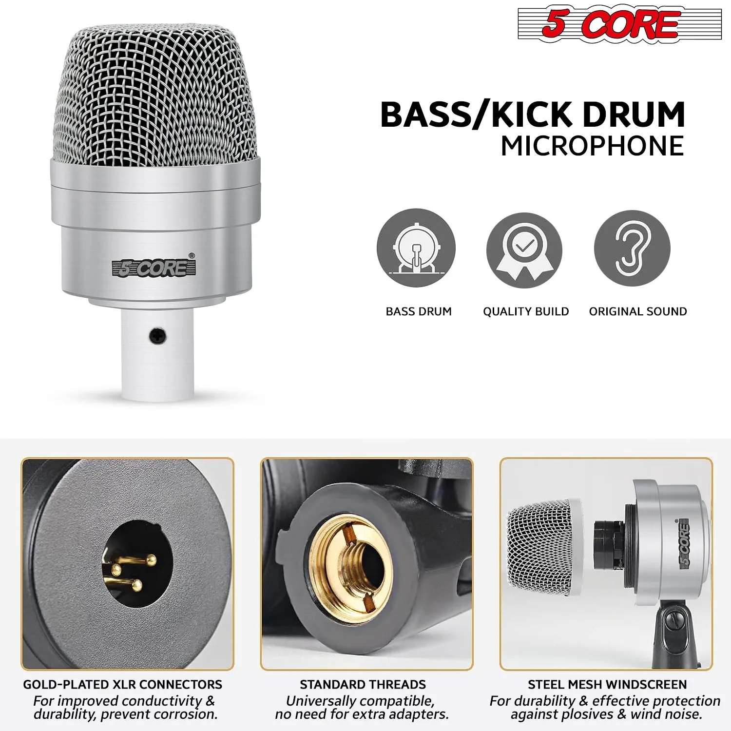 5 Core Drum Microphone Kit 7 Piece Full Metal Dynamic Wired Drums Mic Set for Drummers w Bass Tom Snare   Carrying Case Sponge & Mic Clamp for Vocal & Other Instrument Silver DM 7ACC