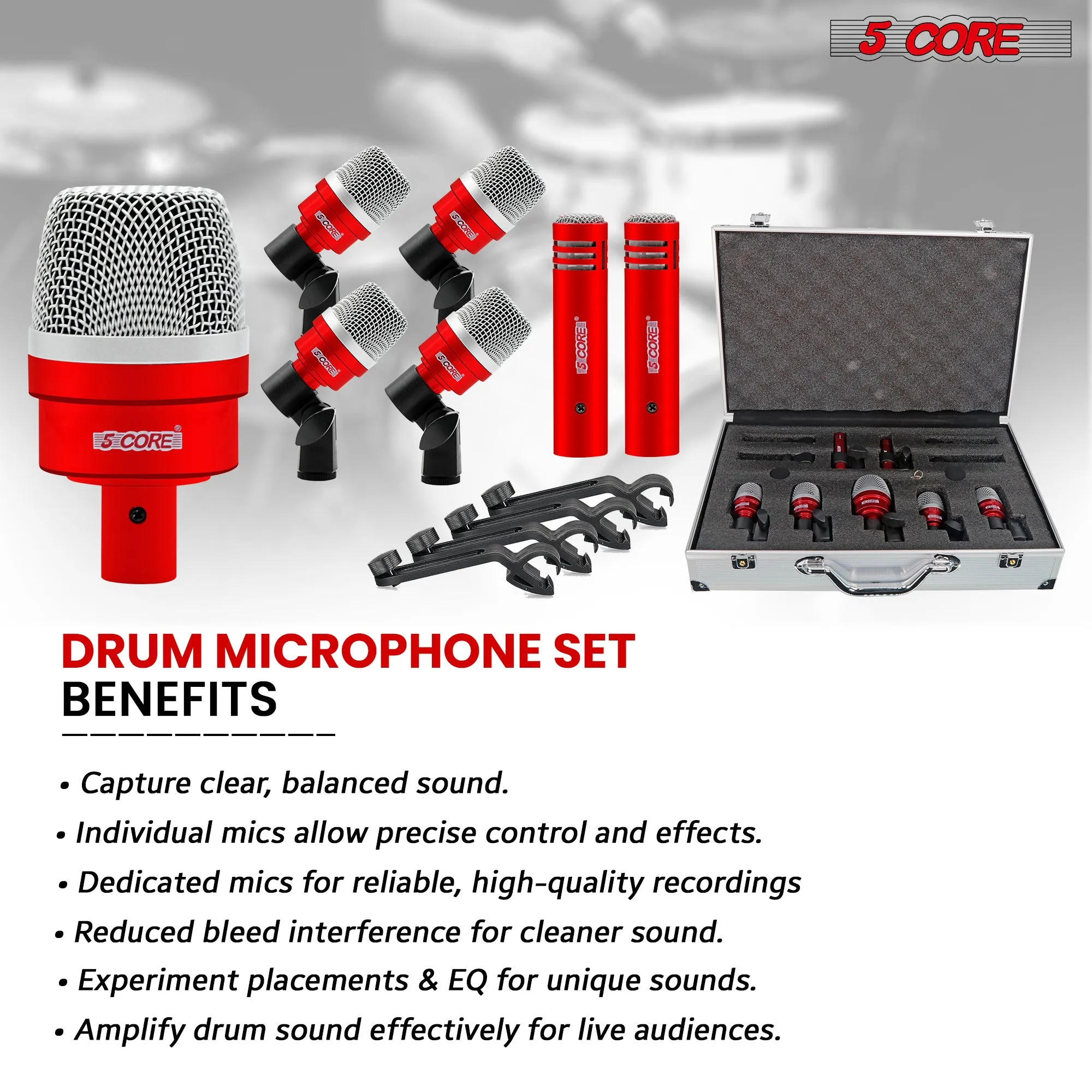 5 Core Drum Microphone Kit 7 Piece Full Metal Dynamic Wired Drums Mic Set for Drummers w Bass Tom Snare   Carrying Case Sponge & Mic Clamp for Vocal & Other Instrument Silver DM 7ACC
