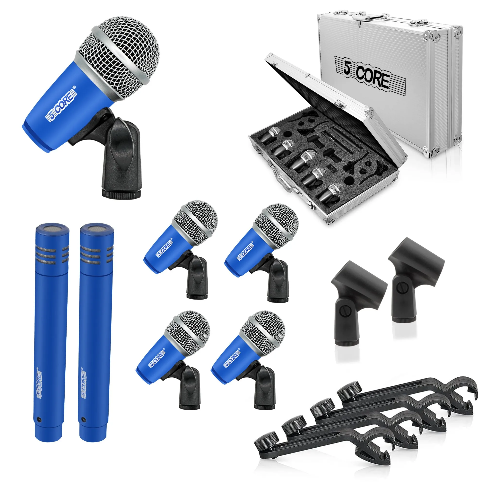 5 Core Drum Microphone Kit 7 Piece Full Metal Dynamic Wired Drums Mic Set for Drummers with Kick Bass Tom Snare   Carrying Silver Case Sponge & Thread Holder for Vocal & Instrument - DM 7RND