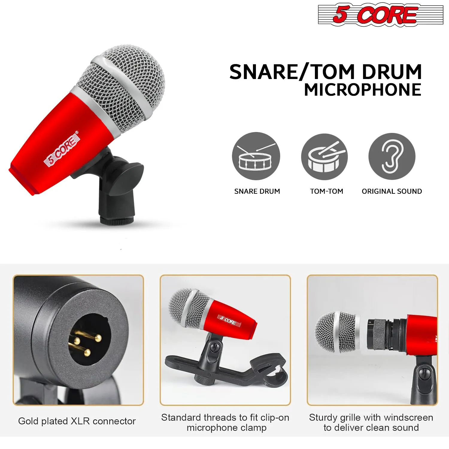 5 Core Drum Microphone Kit 7 Piece Full Metal Dynamic Wired Drums Mic Set for Drummers with Kick Bass Tom Snare   Carrying Silver Case Sponge & Thread Holder for Vocal & Instrument - DM 7RND