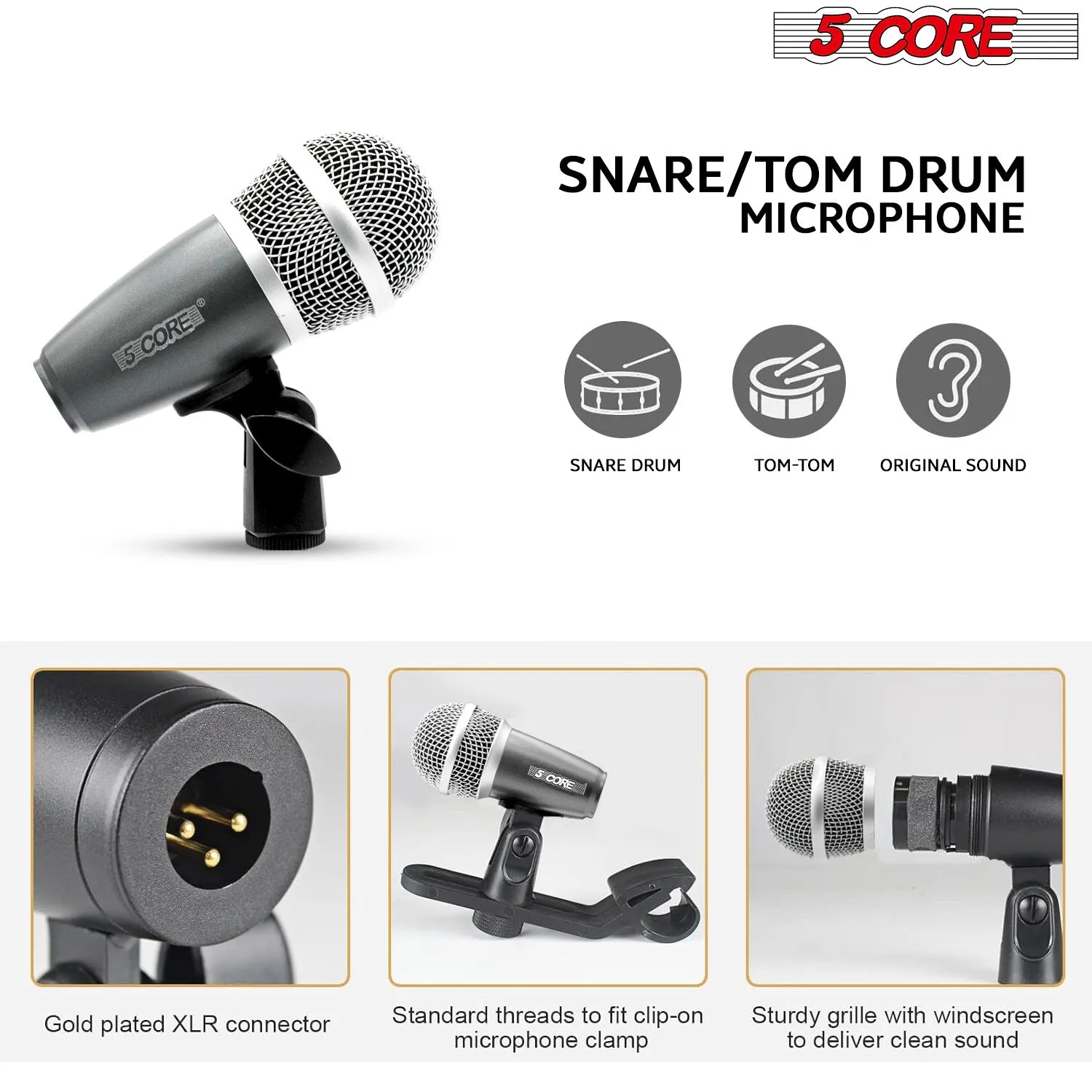 5 Core Drum Microphone Kit 7 Piece Full Metal Dynamic Wired Drums Mic Set for Drummers with Kick Bass Tom Snare   Carrying Silver Case Sponge & Thread Holder for Vocal & Instrument - DM 7RND